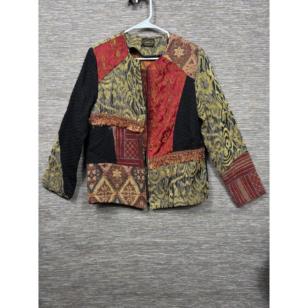 Aline Jacket Womens Medium Multicolor Patchwork Floral Fringe Zip Boho